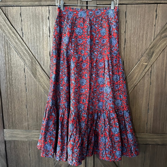 Roller Rabbit Lorien Carlisa Maxi Tier Skirt Red Blue Floral Size Small - Picture 2 of 7